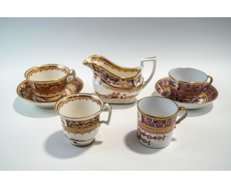 A quantity of early 19th Century Spode teawares, in the Kakiemon style, comprising two cups and saucers, a single cup, a Bute