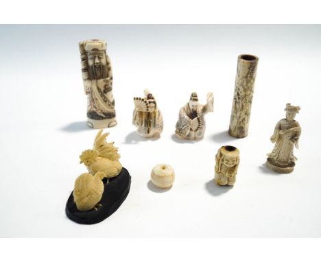 A quantity of pre- 1947 Ivory, bone and other carvings, including Japanese netsuke, some signed