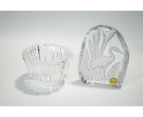 A Kosta glass vase of fluted form, etched mark to base, and a Goebel glass heron paperweight