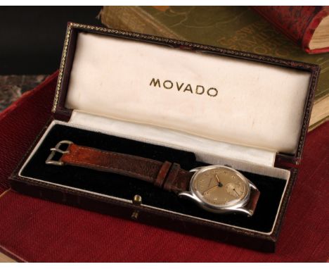 Movado - a 1940s stainless steel wristwatch, silvered dial, Arabic numerals, subsidiary seconds, 32mm diameter screw back cas