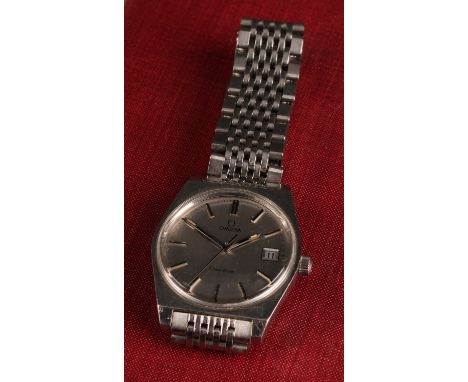 Omega - a 1970s Geneve stainless steel cased wristwatch, 34mm diameter, brushed silver dial, block baton markers, date apertu