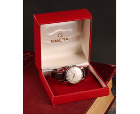 Omega - a 1950s 14387 manual wristwatch, 32mm stainless steel snap back case, silver dial, Arabic numerals and line baton mar