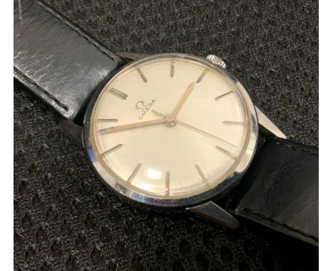 Omega - a stainless steel mechanical wristwatch, 34mm diameter case, silver dial, block baton markers, centre seconds, signed