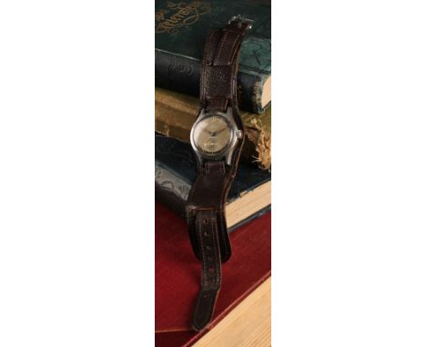 Oris - a military style wristwatch, graphite and black two tone dial, Arabic numerals, subsidiary seconds, manual stem wind  