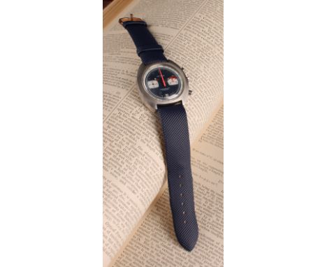 Ederjax - a chronograph wristwatch, 38mm stainless steel case, blue dial with two grey subsidiary registers, vibrant pink cen