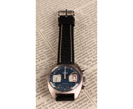Buttes Watch Company (BWC) chronograph wristwatch, 32mm stainless steel case, blue dial with two white subsidiary registers, 