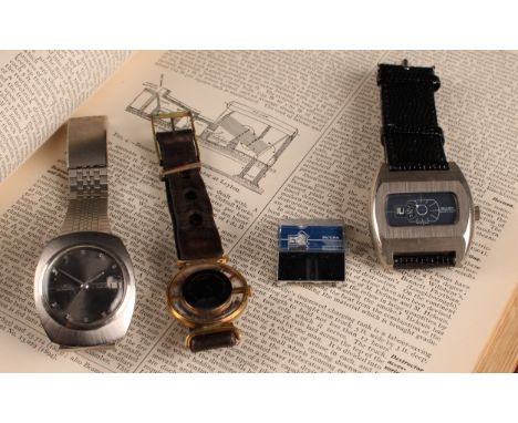 Watches - Buler Super-Nova jump hour mechanical brushed steel cased wristwatch, blue dials, white Arabic numerals and dial ma