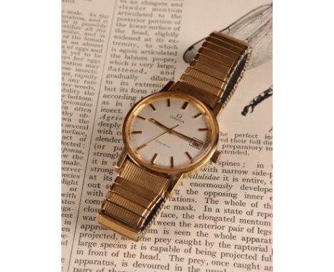Omega - a Genève gold plated wristwatch, ref 136-0104, 34mm diameter snap back case, silvered dial, block baton markers, cent