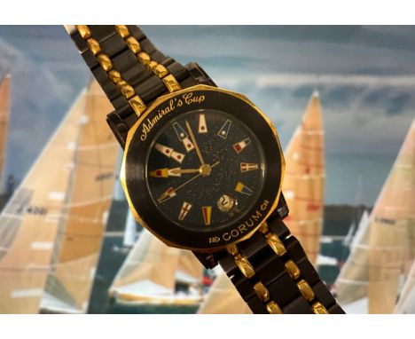 Corum  - a ladies Admirals Cup wristwatch, ref 39.230.31, V585, blue and gold case and strap, gold flecked blue dial, flags b