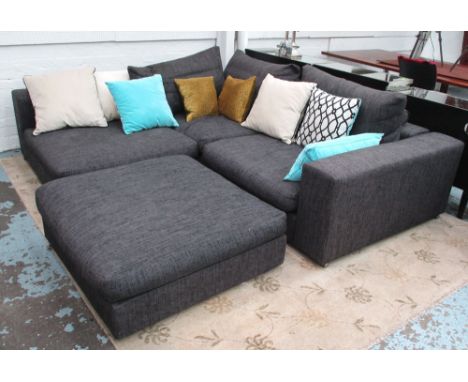 CAMERICH CORNER SOFA, in blue grey fleck upholstery with matching footstool and scatter cushions, 255cm x 225cm. (2)