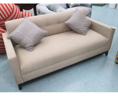 SOFA, two seater, in beige fabric with single row buttons on a wooden frame plus two scatter cushions 170cm L.