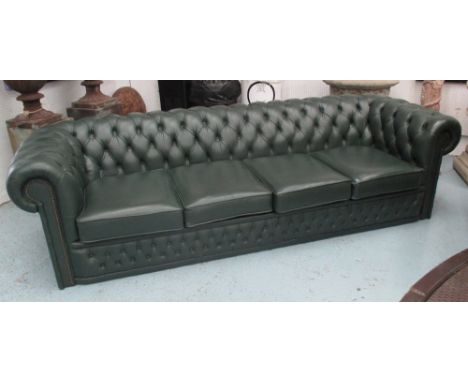 CHESTERFIELD SOFA, green leather with buttoned back and four seat cushions, 258cm W.