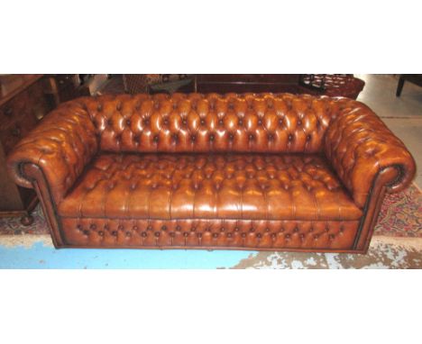 CHESTERFIELD SOFA, vintage tan brown leather with rounded deep button upholstered back, arms and seat, 195cm W.