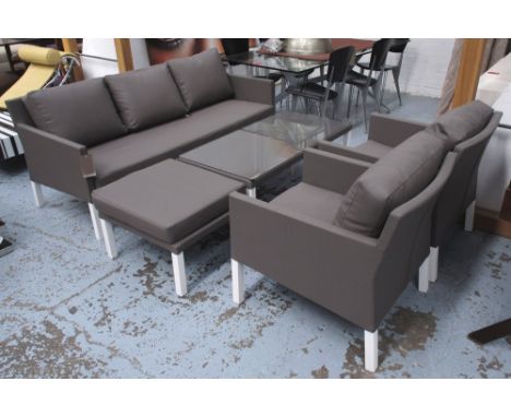 LIFE OUTDOOR GARDEN SUITE, comprising three seater sofa, 182cm W, two armchairs, a  stool, 61cm x 57cm,  and low table, 120cm