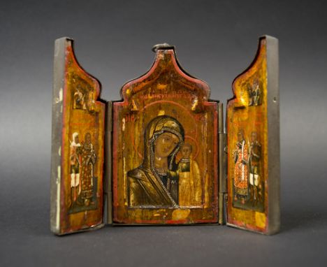 TRIPTYCH ICON, Russian with painted wooden panels and patinated metal surround, 10cm H x 12.5cm max. 