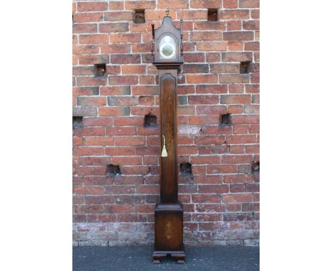 A TALL SLIM CASED GOTHIC REVIVAL LONG CASE CLOCK, the slender mahogany case with boxwood inlay decoration, the breakneck dial