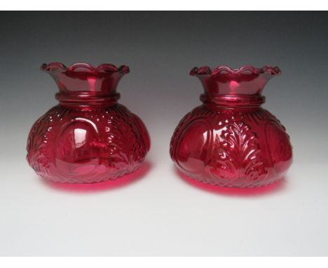 A PAIR OF RUBY GLASS OIL LAMP SHADES, base Dia. - internal approx 9 cm, external approx 10 cm, H 20 cmCondition Report:Small 