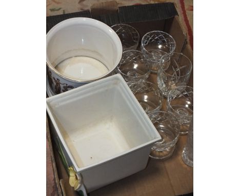 A BOX OF CUT GLASS TO INCLUDE ROYAL BRIERLEY CRYSTAL TOGETHER WITH TWO CERAMIC PLANTERS