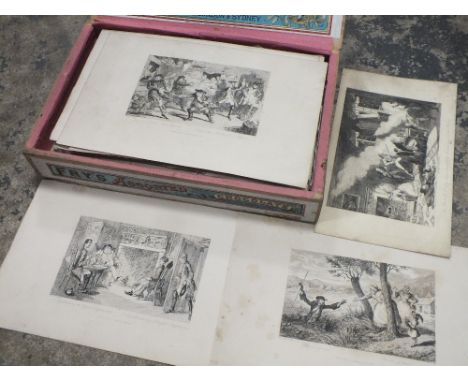 A VINTAGE WOODEN FRY'S CHOCOLATE BOX CONTAINING UNFRAMED ENGRAVINGS