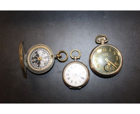 A HALLMARKED SILVER CASED FOB WATCH TOGETHER WITH A WESTCLOX POCKET BEN POCKET WATCH AND A MILITARY STYLE COMPASS (3)