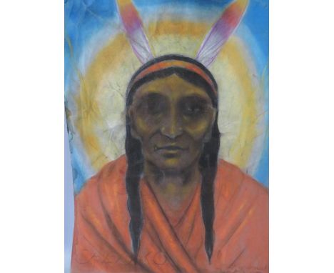 MACDONALD (XX). A head and shoulder portrait study of a native American Indian in period dress, signed and dated 1949 lower r