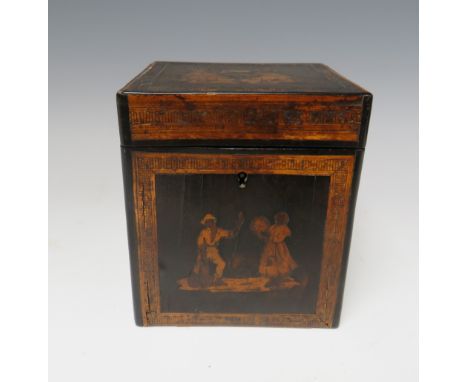 A 19TH CENTURY ITALIAN TEA CADDY WITH INLAID DECORATION, A/F, H 13 cm, W 11.5 cm, D 10 cm