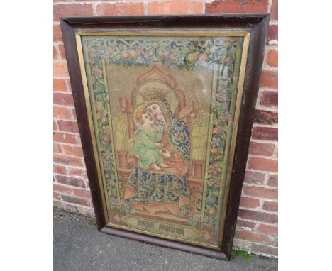 A LARGE EARLY 19TH CENTURY ITALIAN WALL HANGING TAPESTRY OF MADONNA WITH A CHILD TITLED AVE MARIA, set in a large wooden and 