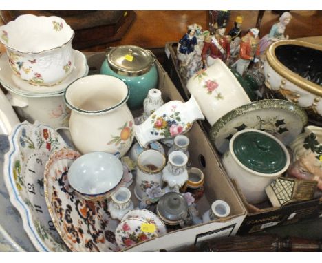TWO TRAYS OF ASSORTED CERAMICS TO INCLUDE A QUANTITY OF CERAMIC FIGURES, CHARACTER JUGS ETC. 