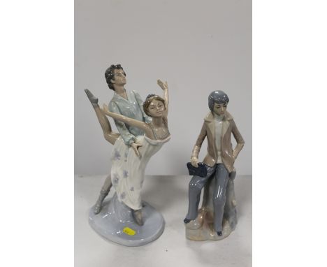 A LARGE NAO FIGURE OF A DANCING COUPLE TOGETHER WITH A CASADES FIGURE OF A SCHOLAR HOLDING A BOOK