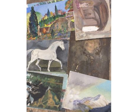 A BAG OF ASSORTED PAINTINGS ETC. TO INCLUDE AN ANTIQUE OIL ON BOARD PORTRAIT STUDY, STUDY OF A WHITE HORSE SIGNED A R DEAN ET