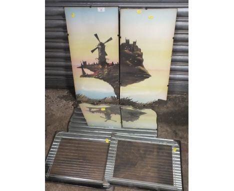 A PAIR OF VINTAGE MIRRORED PICTURE FRAMES, TOGETHER WITH A SHAPED WALL MIRROR AND TWO PRINTS (5) 