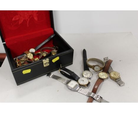 A JEWELLERY BOX CONTAINING VINTAGE AND MODERN WRIST WATCHES TO INCLUDE BUREN AND ROTARY, SEKONDA ETC