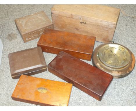 A BOX OF VINTAGE WOODEN BOXES TOGETHER WITH A CIRCULAR WALL BAROMETER AND A REMINGTON SHAVER