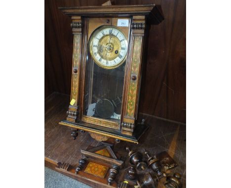 A VINTAGE MAHOGANY VIENNA WALL CLOCK WITH FLORAL PAINTED DETAIL 