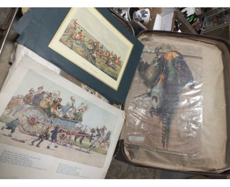 A SUITCASE OF ANTIQUE VINTAGE EPHEMERA PRINTS AND ENGRAVINGS TO INCLUDE MAPS, AEROPLANE PRINTS PORTRAIT ENGRAVINGS ETC