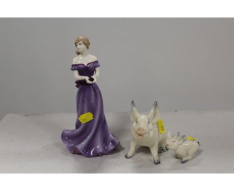 A ROYAL WORCESTER BIRTH STONE PISCES AND TWO BESWICK PIG FIGURES