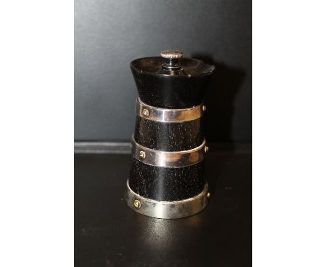 AN EBONY AND SILVER PLATED PEPPER GRINDER BY HUKIN AND HEATH S/D 