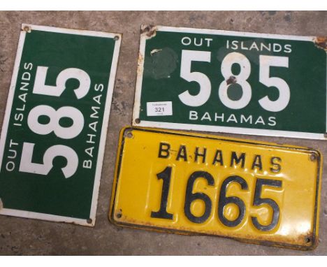 A PAIR OF VINTAGE ENAMEL OUT ISLANDS BAHAMAS LICENCE PLATES / NUMBER PLATES, TOGETHER WITH A BAHAMAS EXAMPLE (3) 