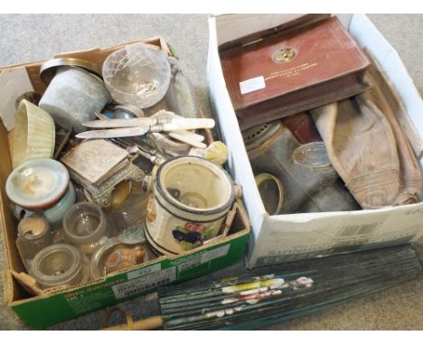 TWO BOXES OF COLLECTABLES TO INCLUDE A GAS MASK, MASONIC SASH, MOTHER OF PEARL HANDLED CUTLERY ETC