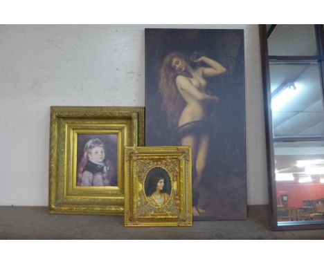 A Pre-Raphaelite style portrait of a lady and snake, print on canvas and two portrait prints