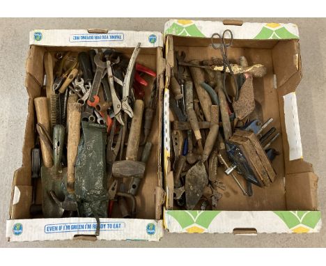 2 boxes of vintage hand tools, to include spanners, hammers, carpenters vice and mole grips. 