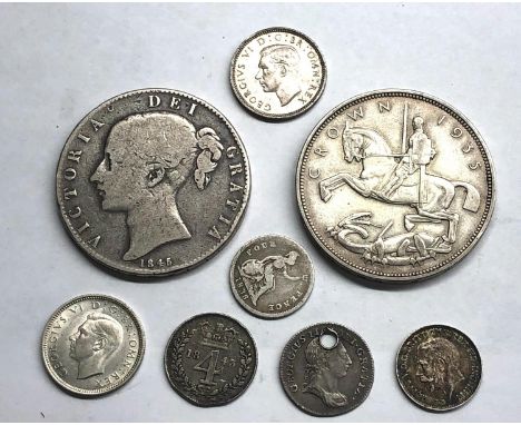 selection of silver coins includes 1935 crown 1845 crown etc 