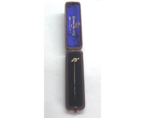 antique 15ct gold pearl and turquoise stick pin in original box in good condition hallmarked 15ct 