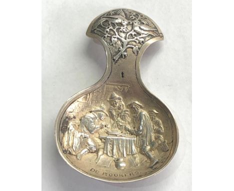 Antique dutch silver tea caddy spoon embossed scenic decoration sword hallmarks 