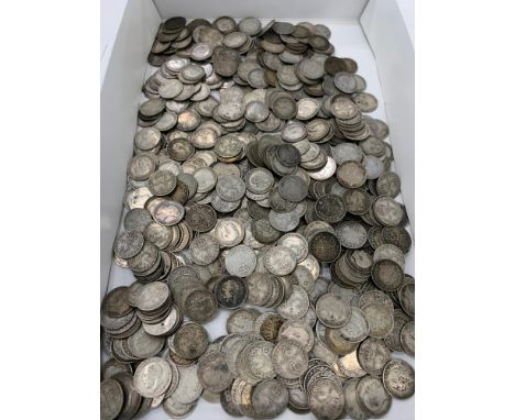 Large selection of silver George V 3 pence coins, approximate weight: 890g 