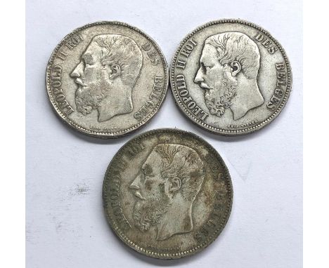 3 Belgium silver 5 Francs 1873, 1873, 1868 