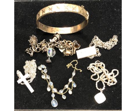 Collection of vintage silver jewellery includes bracelet moonstone necklace charm bracelet etc moonstone missing part of chai