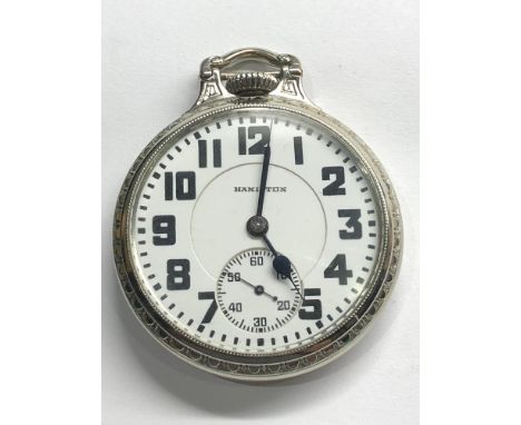 Fine art deco 14ct white gold plated Hamilton watch Co Lancaster  double roller pocket watch in very good condition watch win