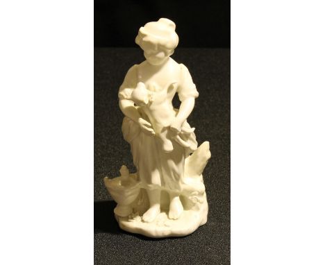 A Derby Patch Mark figure, of a young girl holding a ewe, a classical urn by her feet, shaped base with light bocage, monochr