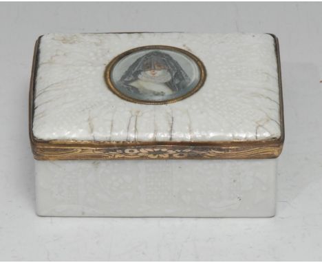 An 18th century bianco-sopra-bianco enamel rectangular table-top snuff box, the cover with an inset portrait miniature rounde